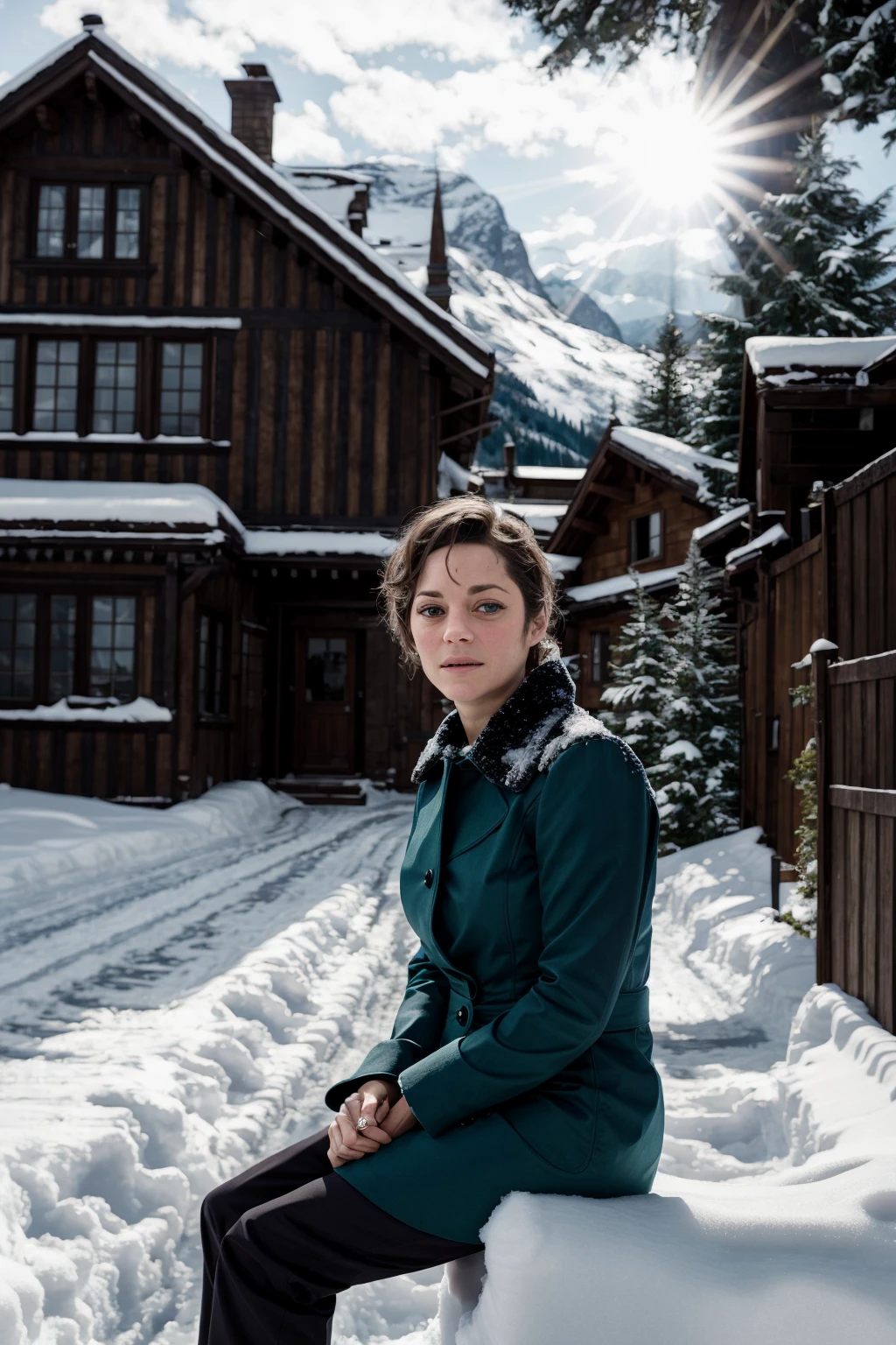 best quality, very detailed <lora:marioncotillard:0.8> marioncotillard, a woman, sun light, winter, snow, mountains, sitting in the snow