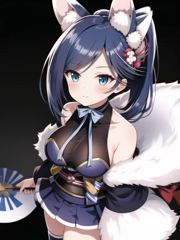 (hyper extreme detailed),(masterpeace),(hyper extreme),(photorealistic),CG, Jintsuu,blue hair,high ponytail, blue eyes,animal ears,hair ornament,kimon,miniskirt,obi,socks,sleeveless,<lora:Jintsuu_v2:1>