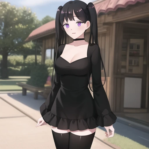 (masterpiece, best quality:1.2),illustration,8k,hd,1girl,full body,long_hair,breasts,cleavage,bangs,black_hair,dress,long_sleeves,twintails,purple_eyes,collarbone,choker,black_dress,black_thighhighs,black_choker,zettai_ryouiki,sleeves_past_wrists, <lora:Endgirl-V1:0.8>