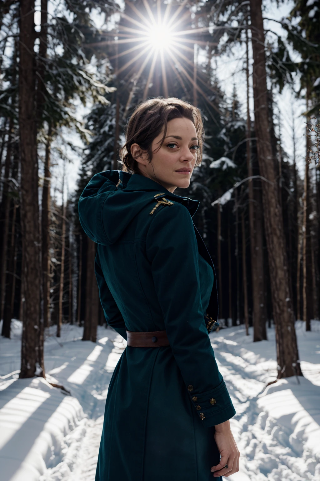 best quality, very detailed <lora:marioncotillard:0.8> marioncotillard, a woman, sun light, winter, snow, forest