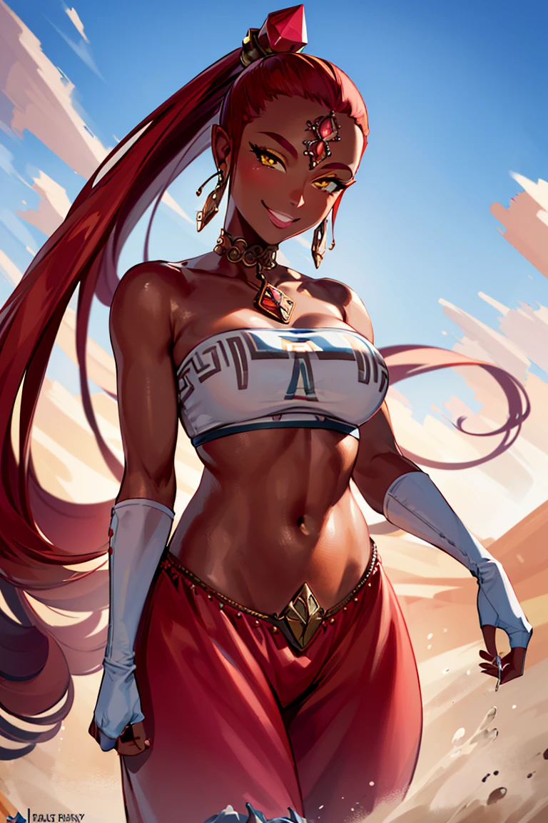 ((masterpiece,best quality)), absurdres,
<lora:Nabooru_Zelda:0.7>, Nabooru_Zelda, pants, dark skin, long pony tail,
solo, smiling, smug, looking at viewer, cowboy shot,
cinematic composition, dynamic pose,