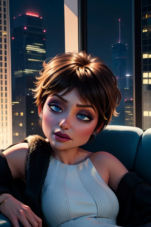 Evelyn,short brown hair, makeup, eyes half open, upper body, looking at viewer, lounging, laying down, black bath robe ,jewelry, couch, in tall building, skyscraper, window, stars, nighttime,
(insanely detailed, beautiful detailed face, masterpiece, best quality) cinematic lighting,
<lora:Evelyn-10v3:0.8>