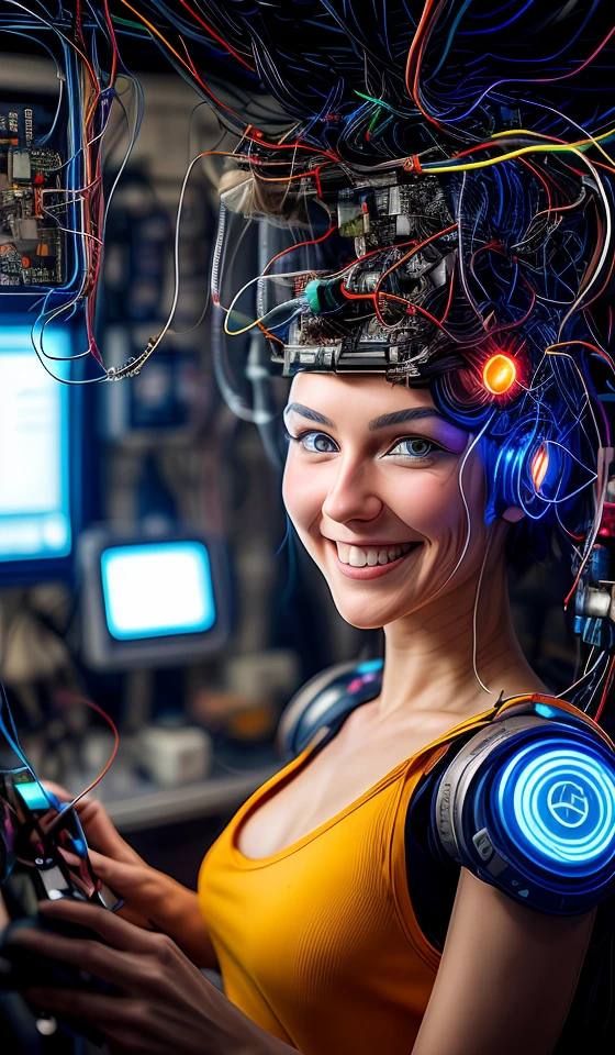 portrait512 Cyborg512 Tay512, electronics, motors, wires, buttons, lcd <lora:add_detail:2>