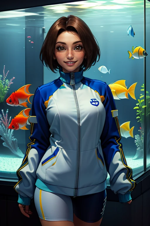 Uriko, brown short hair, brown eyes, solo, standing, cute, upper body, smiling,
UriJAK, blue track jacket,sleeves past wrists,white bike shorts ,sneakers,zipper,socks ,
in a large aquarium, large glass windows, fish
(insanely detailed, beautiful detailed face, masterpiece, best quality)
<lora:Uriko-10v3:0.7>