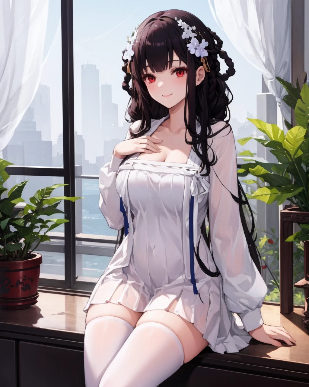 1girl,solo,red eyes, 
yatsen,sitting, hand on own chest, light smile, 
large breasts, white dress,indoor,window, chinese_architecture,
,  <lora:YatSenV3r:0.9>,branch,potted plant, short_dress,white thighhighs,