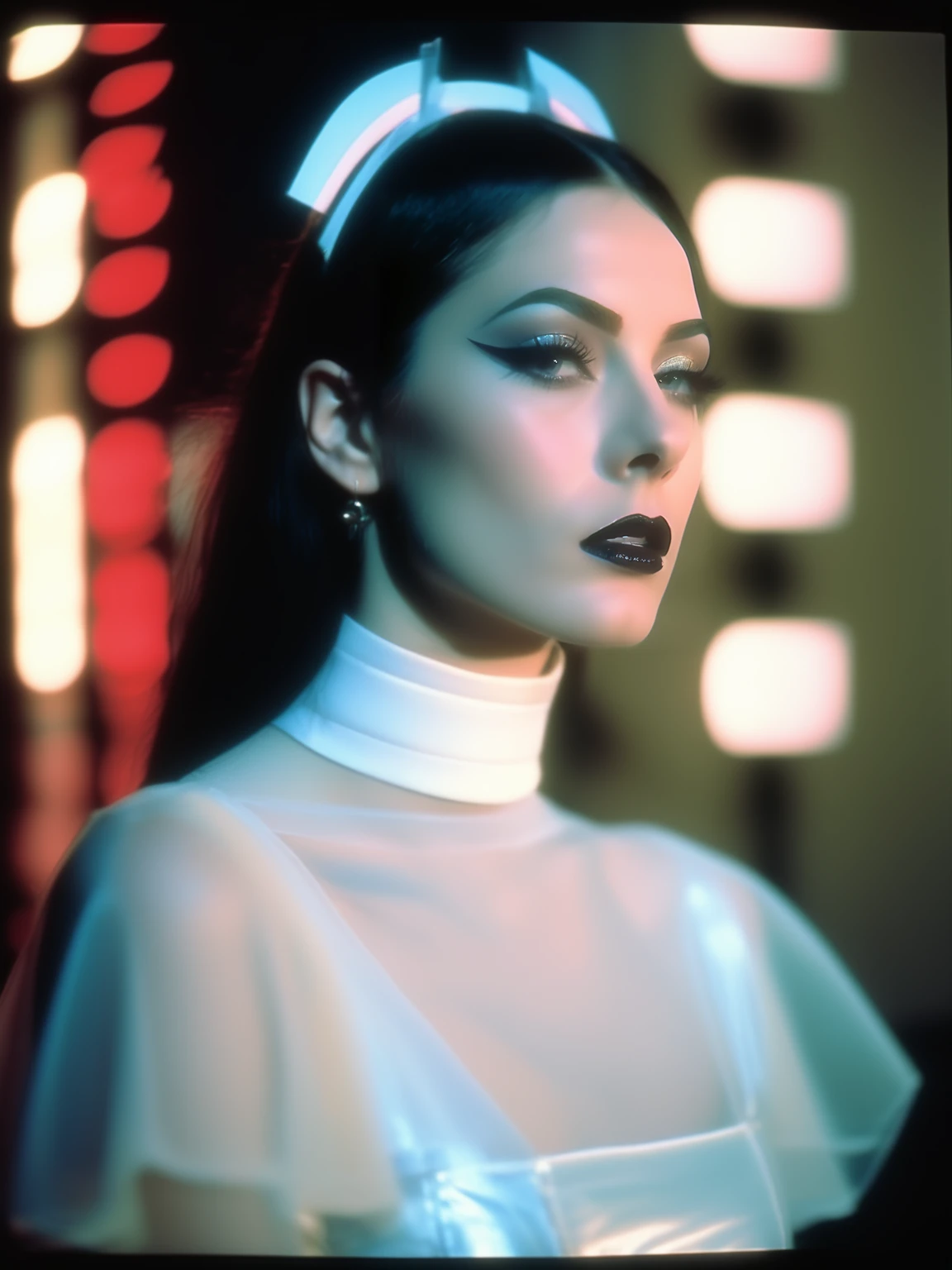 Analog style, vhs style, 8mm film, chromatic aberration, 1980s style, film still of 23 year old gothic woman with lipliner, choker and Balenciaga white dress, photo by arri