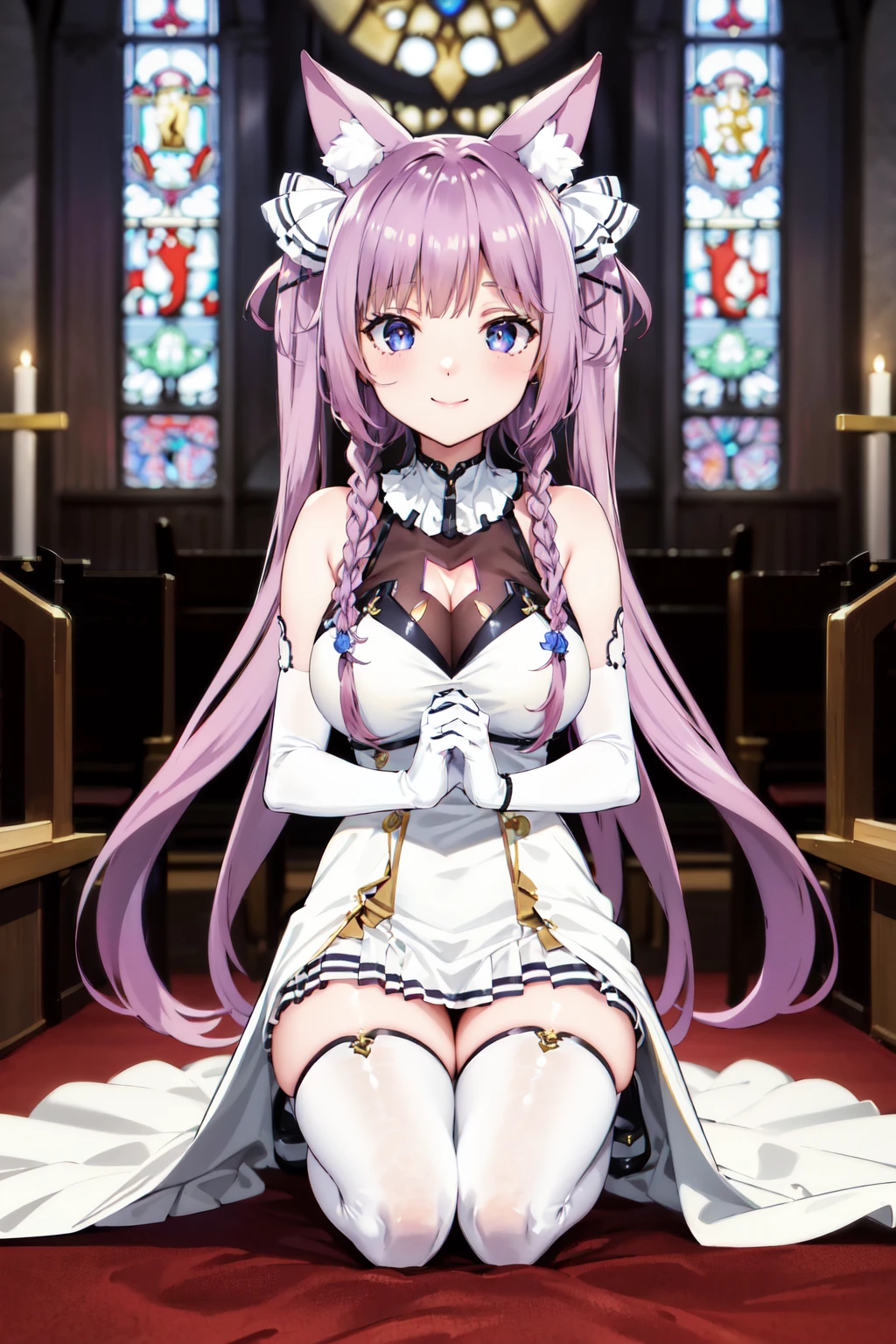 masterpiece, best quality, highres, bbtama, long hair, twintails, twin braids, white ribbon, animal ears, large breasts, bare shoulders, cleavage cutout, see-through, white dress, collared dress, sleeveless, elbow gloves, white gloves, white thighhighs, <lora:quon_tama_v1:0.7>, kneeling, own hands together, praying, church, smile,