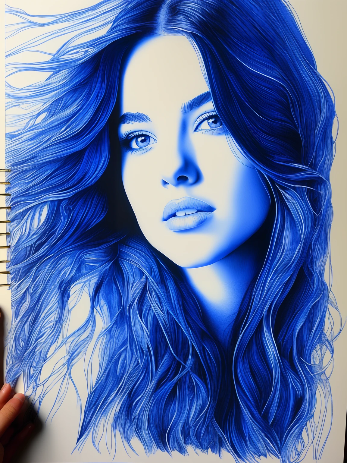 Blue color Bic pen drawing of a pretty girl with long hair