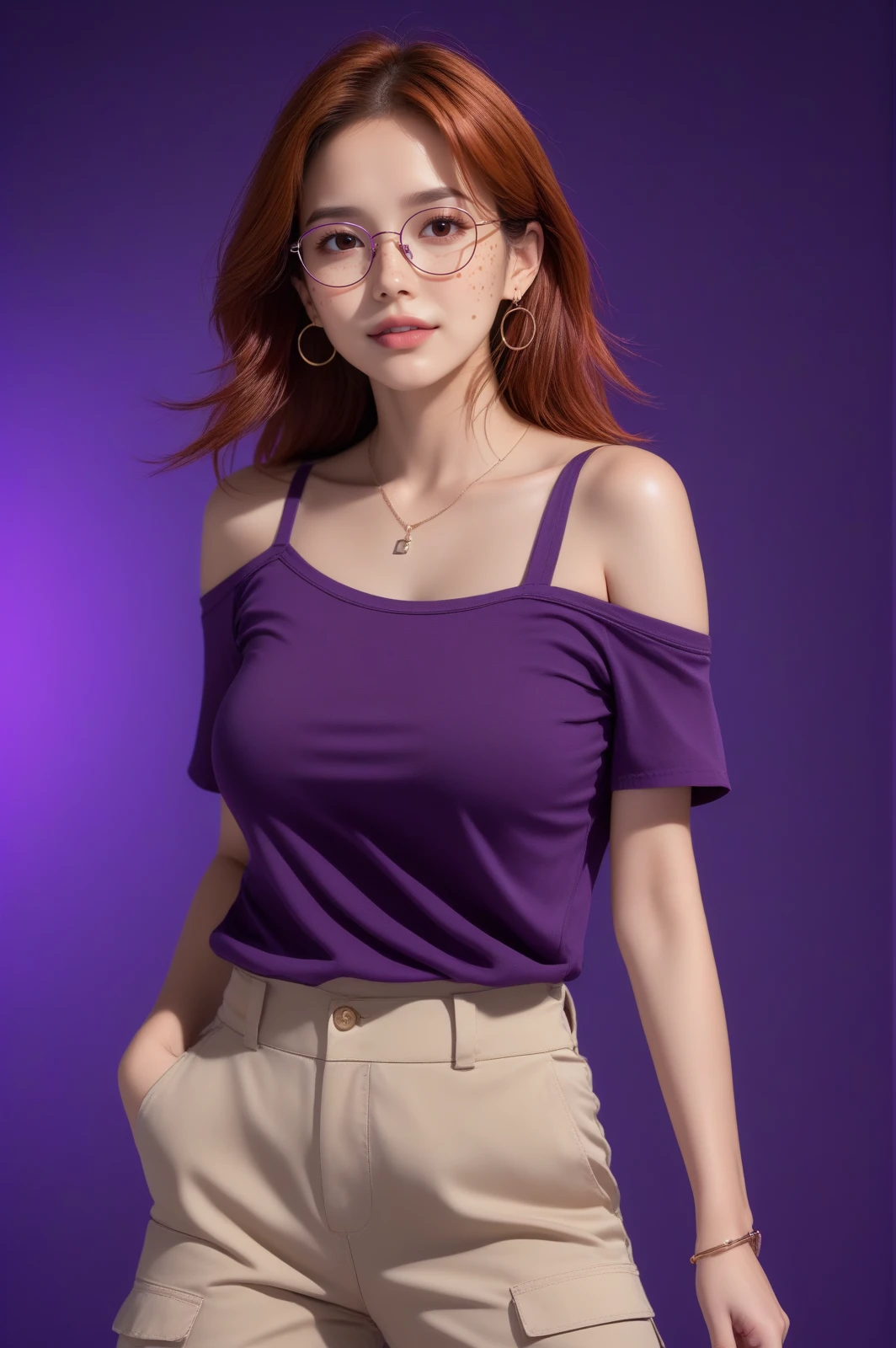 The image shows a woman standing against a black background. She is wearing a purple sports top and has her arms crossed in front of her. Her expression appears neutral and she is looking directly at the camera. The lighting on her face suggests an indoor environment with artificial lighting. There are no visible texts or distinguishing marks that provide additional context about the location or time. She is about 42 years old, 1.62 tall, 60 kg, best quality, perfect face, perfect mouth, perfect hands, is standing, (full body) her slightly plump and red lips look like a delicate flower. Slim body, slim waist. Her body exudes glamor and her face is the definition of beauty. Highly realistic, reddish skin, beautiful and slightly plump lips, pink lipstick, feeling of lightness and joy, hyper-realism, very elaborate skin. Sharp photo, high quality, high resolution (ultra quality masterpiece), Ultra HD, high contrast, 16K. Masterpiece: 1.3, high resolution, (photographically realistic), 8k, NUDE, NUDITY, NFSW.