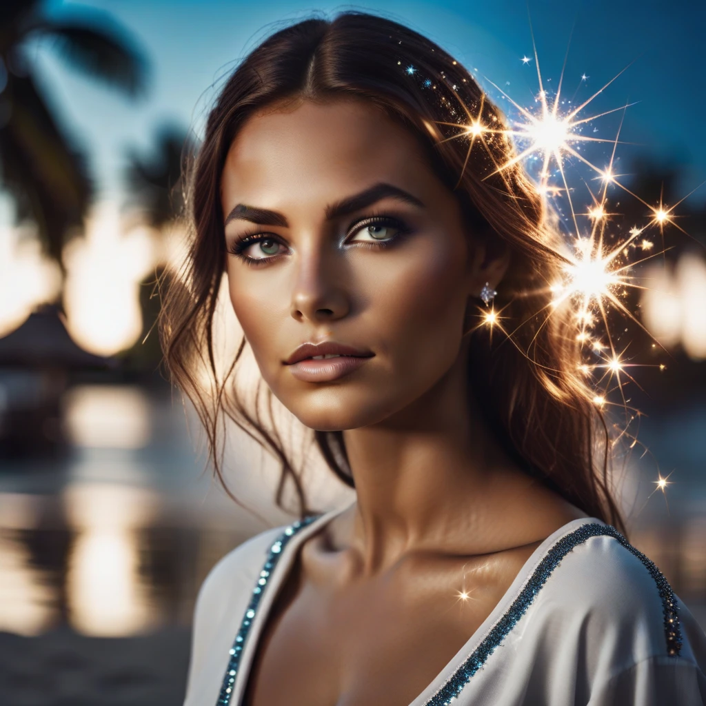 sparkling cinematic photo of woman at the beach. 35mm photograph, film, bokeh, professional, 4k, highly detailed, sparkling