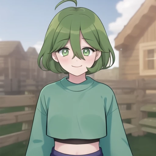 (masterpiece, best quality:1.2),illustration,8k,hd,1girl,solo,facing viewer,smile,upper body,short_hair,bangs,blue_shirt,white_pupils,long_sleeves,hair_between_eyes,green_eyes,ahoge,green_hair,shoes,shorts,socks,midriff,crop_top,white_footwear,bandaid,blue_shorts,bandaid_on_leg,bandaid_on_knee,<lora:Zombie-Bubble V1>,