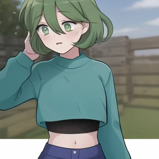 (masterpiece, best quality:1.2),illustration,8k,hd,1girl,solo,upper body,short_hair,bangs,blue_shirt,white_pupils,long_sleeves,hair_between_eyes,green_eyes,ahoge,green_hair,shoes,shorts,socks,midriff,crop_top,white_footwear,bandaid,blue_shorts,bandaid_on_leg,bandaid_on_knee,<lora:Zombie-Bubble V1>,