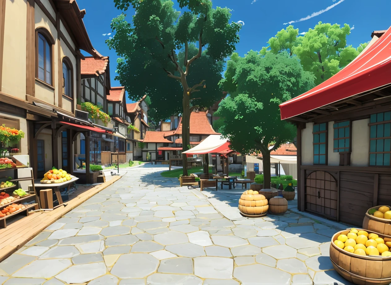 masterpiece, best quality, ultra-detailed, illustration, <lora:mondstadt_background-v11:0.85>, city, scenery, mondstadt, outdoors, cityscape, architecture, building, apple, balcony, barrel, basket, bench, blue sky, bread, bush, chair, cloud, crate, door, fence, flower, flower pot, food, fruit, grass, house, path, pavement, plant, potted plant, railing, road, shade, shadow, sky, stairs, sunlight, table, tree, window, market, day