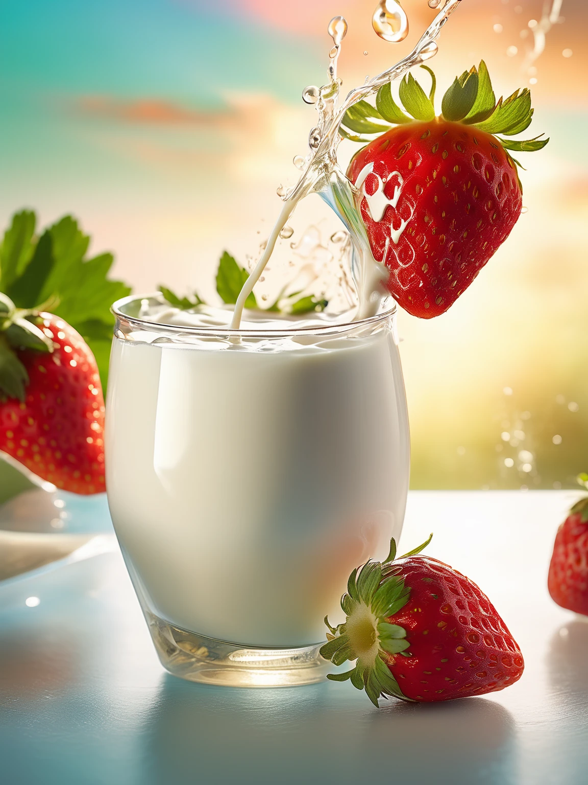 (Magical Photo:1.3) of (Realistic:1.3),(Energetic:1.3) product photography of a strawberries fall into a glass of milk, intricate, epic,(by Artist RHADS:1.3),Highly Detailed,(Provia:1.3)