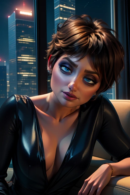 Evelyn,short brown hair, makeup, eyes half open, upper body, looking at viewer, lounging, laying down, black bath robe ,jewelry, couch, in tall building, skyscraper, window, stars, nighttime,
(insanely detailed, beautiful detailed face, masterpiece, best quality) cinematic lighting,
<lora:Evelyn-10v3:0.8>