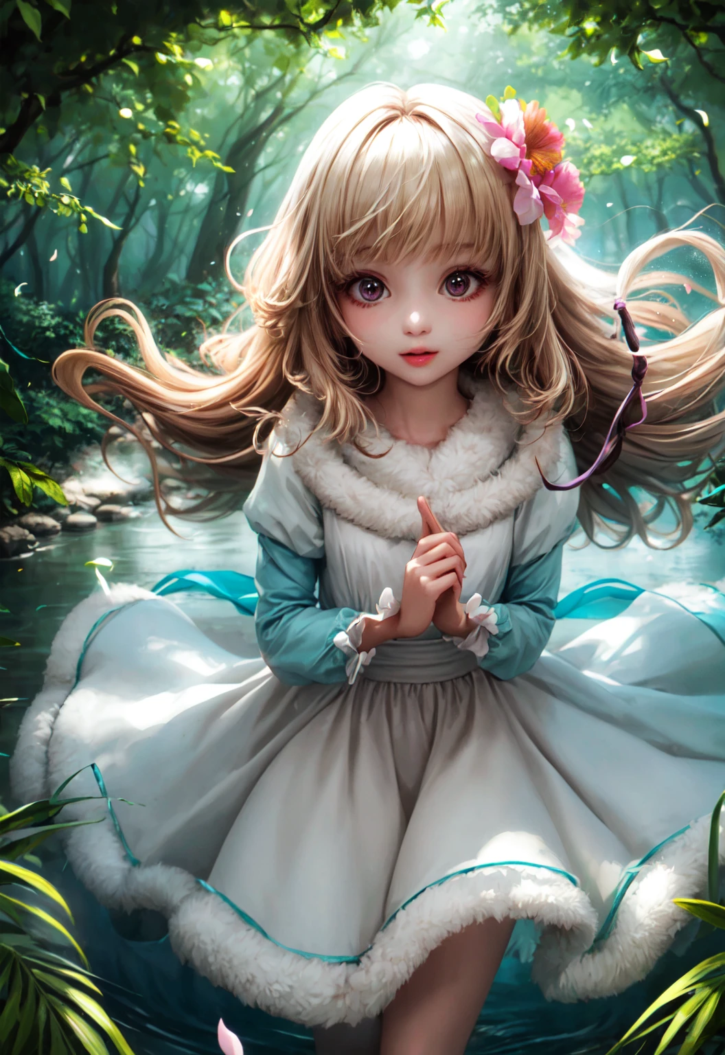 girl in a forest with floating flowers, river, puffy, puffy cheeks, cute,
vibrant colors, colorful art style, 
soft lighting, soft shadows, detailed textures, dynamic lighting,  
nice hands, perfect hands, 
<lyco:GoodHands-beta2:1.0> 
<lora:add_detail:1>