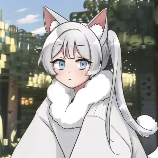 (masterpiece, best quality:1.2),1girl,solo,cowboy shot,1girl,solo,long_hair,bangs,blue_eyes,animal_ears,white_hair,dog_ears,side_ponytail,coat,animal_ear_fluff,white_coat,long_sleeves,tail,shoes,shorts,socks,bike_shorts,sneakers, <lora:Wolf-Bubble-V1:1>