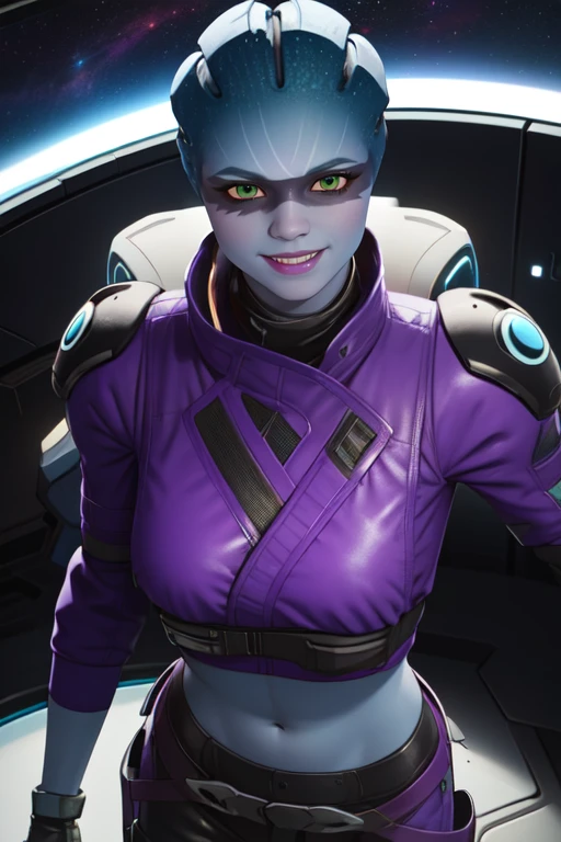 Peebee,blue skin, (black eye paint), solo, upper body, smiling - SeaArt AI