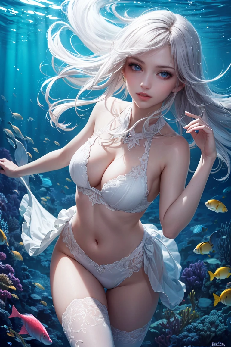 1girl,dynamic angle,beautiful detailed glow,full body,cowboy shot,white hair,purple eyes,<lyco:GoodHands-beta2:0.8>,<lora:add_detail:0.3>,underwater,shoal of fish,(masterpiece:1.2, best quality),(finely detailed beautiful eyes:1.2),(extremely detailed CG unity 8k wallpaper, masterpiece, best quality, ultra-detailed, best shadow),(detailed background),(beautiful detailed face, beautiful detailed eyes),High contrast,(best illumination, an extremely delicate and beautiful),