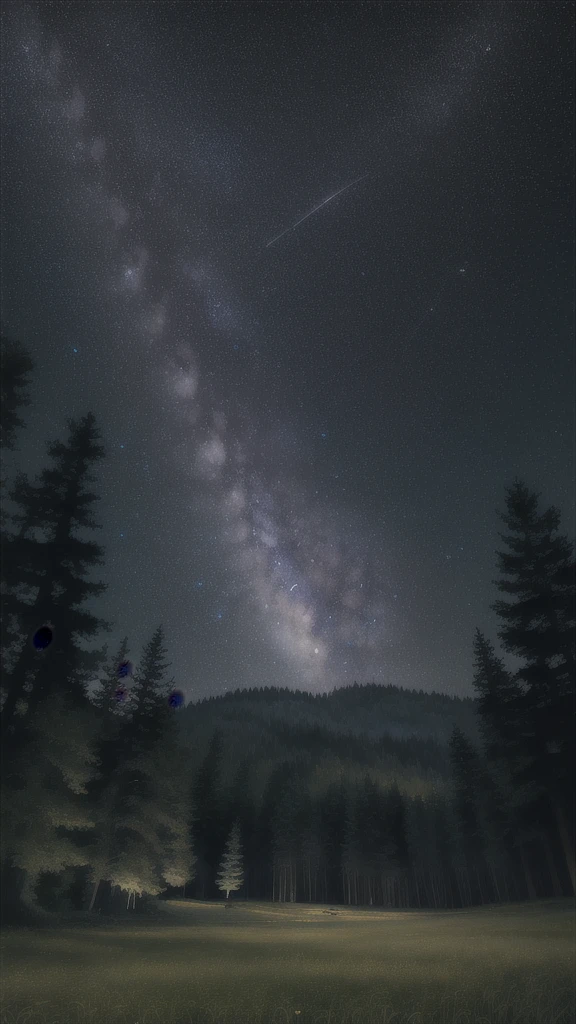 high quality, high resolution, extreme detail, masterpiece, grassy field, forest in the background, volumetric shading, photography, night sky, stars, milkyway, <lora:Milky-Way_LoRA:0.8>, dark scene
