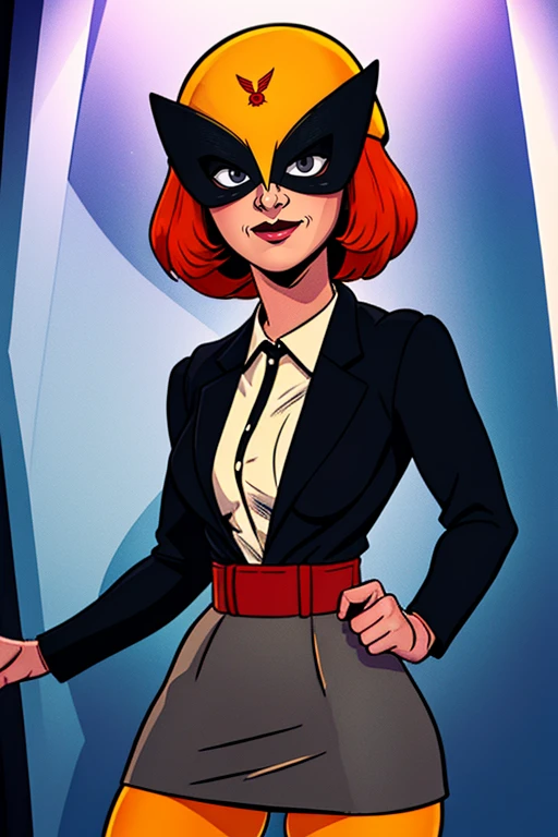 Birdgirl,solo ,short hair , orange hair, standing, smirk, upper body, facing viewer,
Bsuit, black mask, yellow cap, yellow pantyhose, black jacket, white shirt, red belt, grey skirt,
office, toon \(style\),
(insanely detailed, beautiful detailed face, masterpiece, best quality) cinematic lighting, <lora:Birdgirl:0.8>
