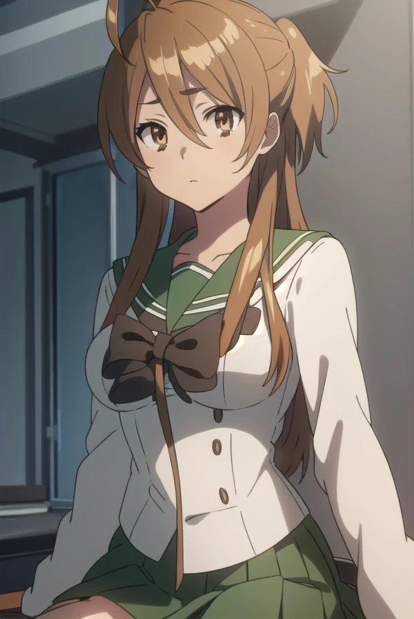reimiyamoto, <lora:reimiyamototest:1>,
rei miyamoto, long hair, brown hair, (brown eyes:1.5), antenna hair, ponytail,
BREAK skirt, thighhighs, school uniform, serafuku, zettai ryouiki, green skirt, bowtie, long sleeves, black thighhighs, black bowtie,
BREAK looking at viewer,
BREAK indoors, classroom,
BREAK <lora:GoodHands-vanilla:1>, (masterpiece:1.2), best quality, high resolution, unity 8k wallpaper, (illustration:0.8), (beautiful detailed eyes:1.6), extremely detailed face, perfect lighting, extremely detailed CG, (perfect hands, perfect anatomy),