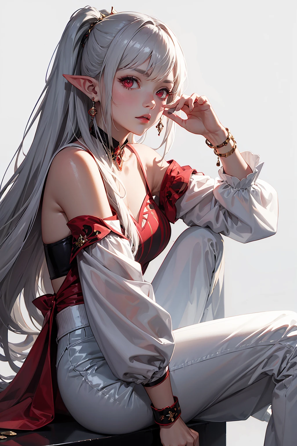 gladiia hairstyle, outfit-gladiia, 1girl, red eyes, pointy ears, solo,  sitting,looking at viewer,white pant, simple background, white background, long hair, grey hair<lora:outfit-gladiia-pynoise:1.1>