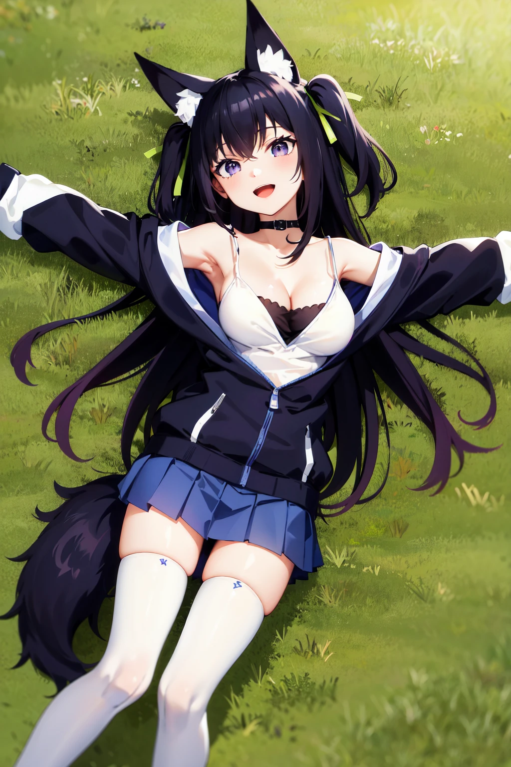 masterpiece, best quality, highres, aatama, long hair, black hair, two side up, green ribbon, animal ears, purple eyes, fox tail, choker, off shoulder, cleavage, white camisole, black jacket, long sleeves, blue skirt, pleated skirt, white thighhighs, <lora:quon_tama_v1:0.7>, lying, grass, outstretched arms, smile, open mouth, from above,