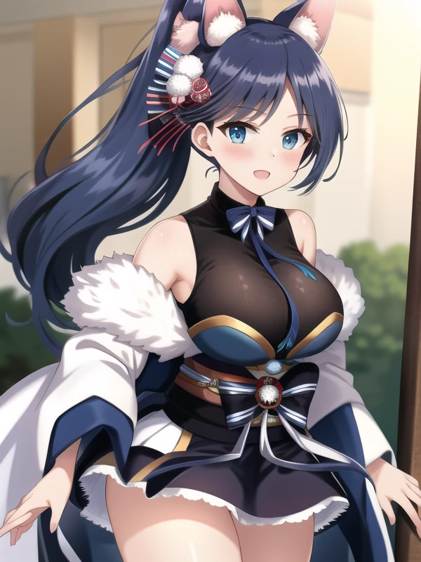 (hyper extreme detailed),(masterpeace),(hyper extreme),(photorealistic),CG, Jintsuu,blue hair,high ponytail, blue eyes,animal ears,hair ornament,kimon,miniskirt,obi,socks,sleeveless,<lora:Jintsuu_v2:1>