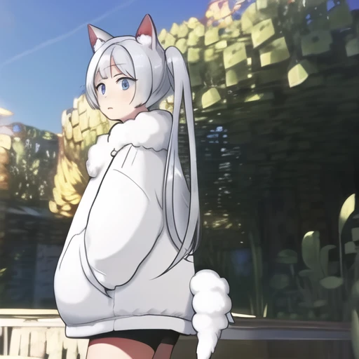 (masterpiece, best quality:1.2),illustration,8k,hd,1girl,solo,standing,full body,cowboy shot,1girl,solo,long_hair,bangs,blue_eyes,animal_ears,white_hair,dog_ears,side_ponytail,coat,animal_ear_fluff,white_coat,long_sleeves,tail,shoes,shorts,socks,bike_shorts,sneakers,<lora:Wolf-Bubble-V2:1>,