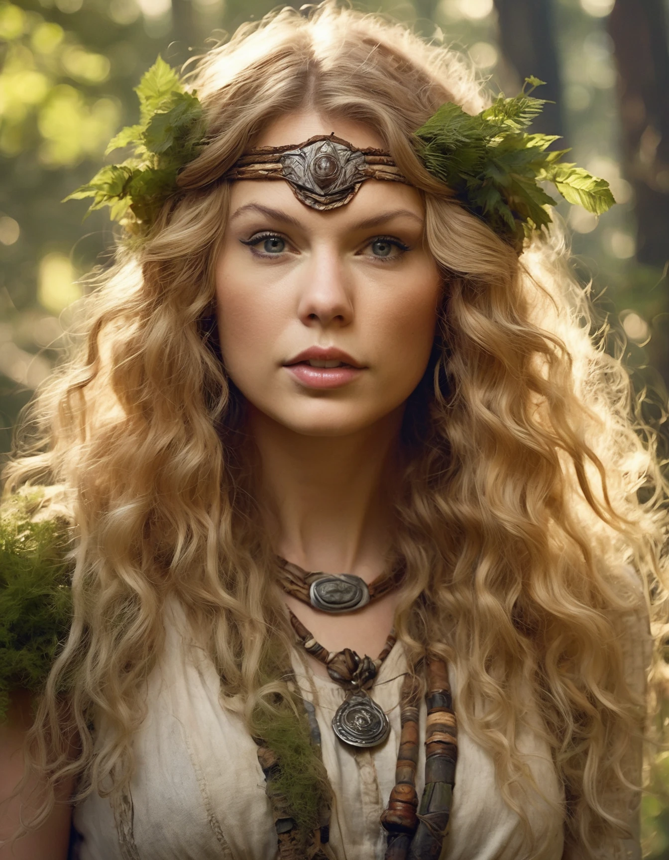A closeup portait of (ohwx woman) <lora:taylor_lora_sdxl_v1-000008:1> an ancient druid made of bark, she live hidden in the vegetation of a forgotten forest, highly detailed painting, by Artgerm and Raphael Lacoste