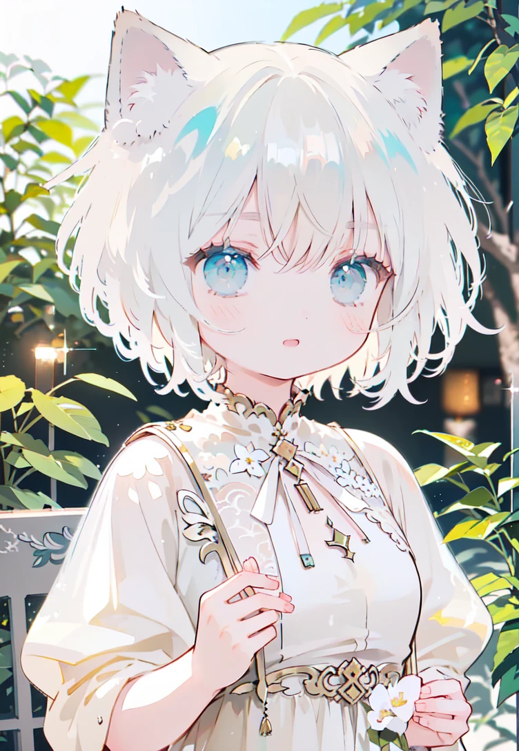 azhiichigo style,big eyes, thick lines, cute,,1girl, elegant floral dress, (fluffy cat ears), short white hair, captivating and graceful, (realistic detailed eyes, natural skin texture, gentle smile), lush garden setting, blooming flowers, ornate ironwork bench, intricate details, soft and dreamy lighting, pastel color palette, shallow depth of field, bokeh from sunlight dappled through foliage, highly detailed, hyper-realistic, medium-format film camera, naturally blurred background,