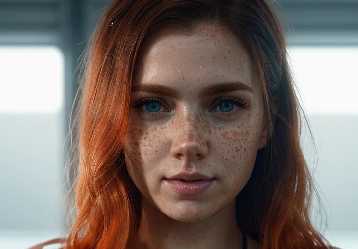 a close up of a woman with freckles on her face, cgsociety unreal engine, wet t-shirt, style of aenami alena, trending on artstartion, inspired by Fyodor Vasilyev, looks a bit similar to amy adams, emissive light, 19-year-old girl, fluffy orange skin, dribbble, dramatic rendering