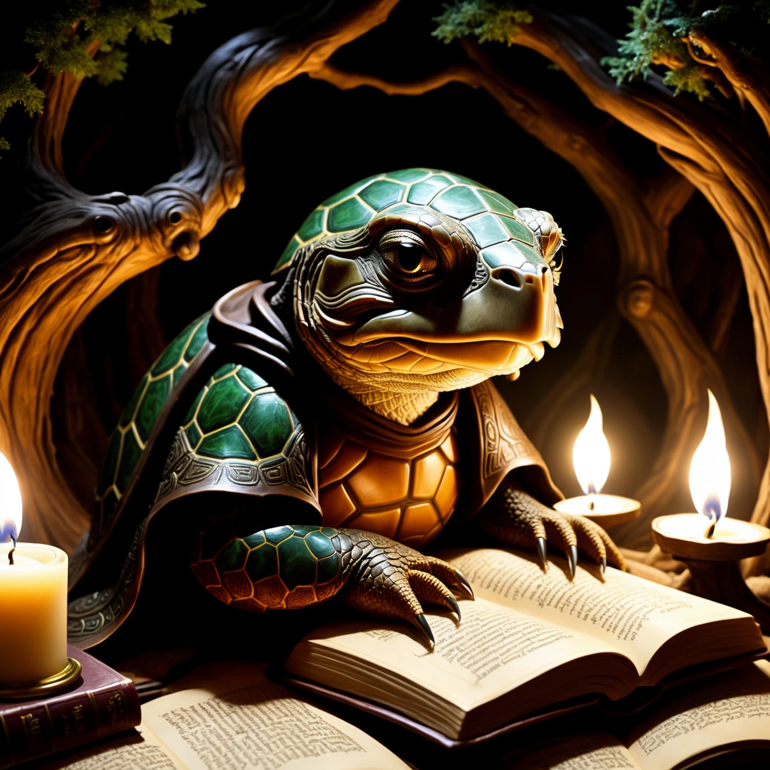 39. A wise old turtle wizard reading an ancient tome by candlelight in a library carved out of a colossal tree. Tolkien-esque magical atmosphere.