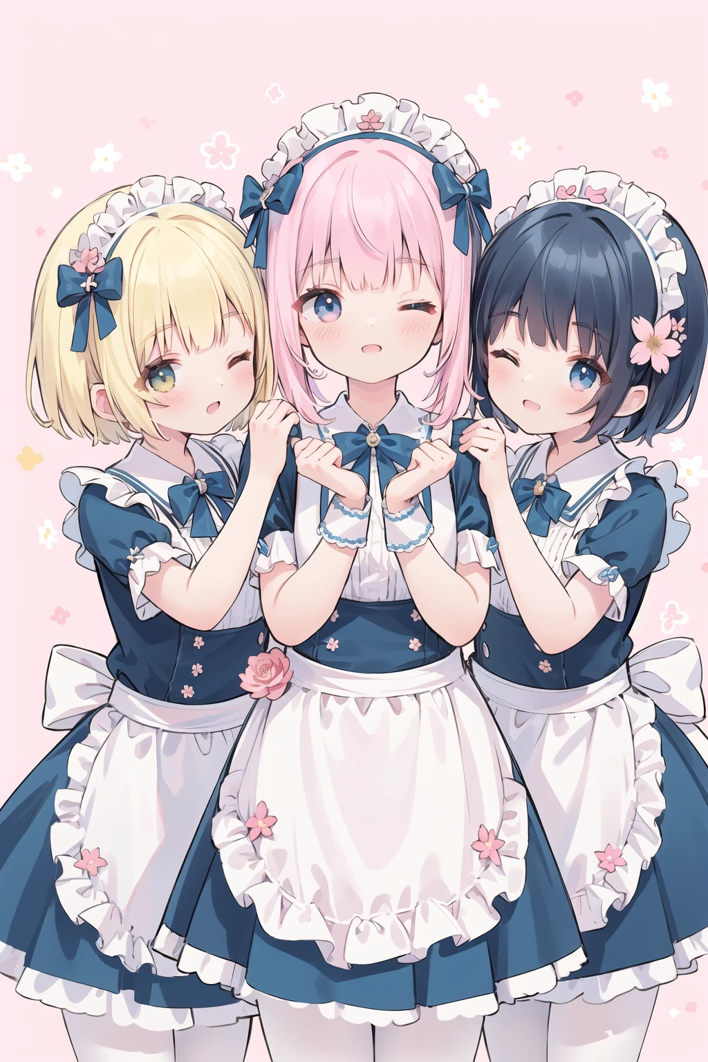 absurd-resolution, ultra-detailed, (best quality illustration), 8K, ultra high res, cowgirl shot, simple background, (flower-style background)
(3girls:1.2), side by side, (very cute, cheerful, wink, one eye closed), pink and yellow and blue maid outfit, mini-skirt, perfect hand