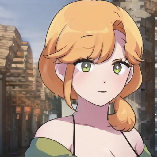 (masterpiece, best quality:1.2),illustration,8k,hd,1girl,solo,full body,long_hair,breasts,bangs,shirt,skirt,short_sleeves,cleavage,bare_shoulders,green_eyes,collarbone,off_shoulder,orange_hair,green_shirt,off-shoulder_shirt,brown_skirt,white_pupils,low_ponytail,hair_over shoulder,white thighhighs,brown footwear,holding diamond sword,<lora:Alex-Bubble-V1:1>