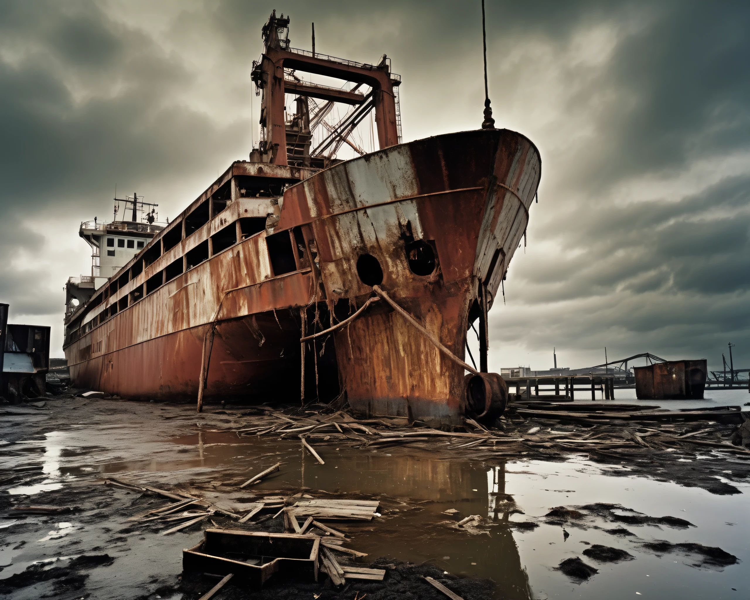 on a post-apocalyptic harbor, rotting docks, rusting ships, broken warehouse crates, immobile crane., by David LaChapelle, <lora:PostApocalypticXL_v1:0.8> SZ_4po enviroment