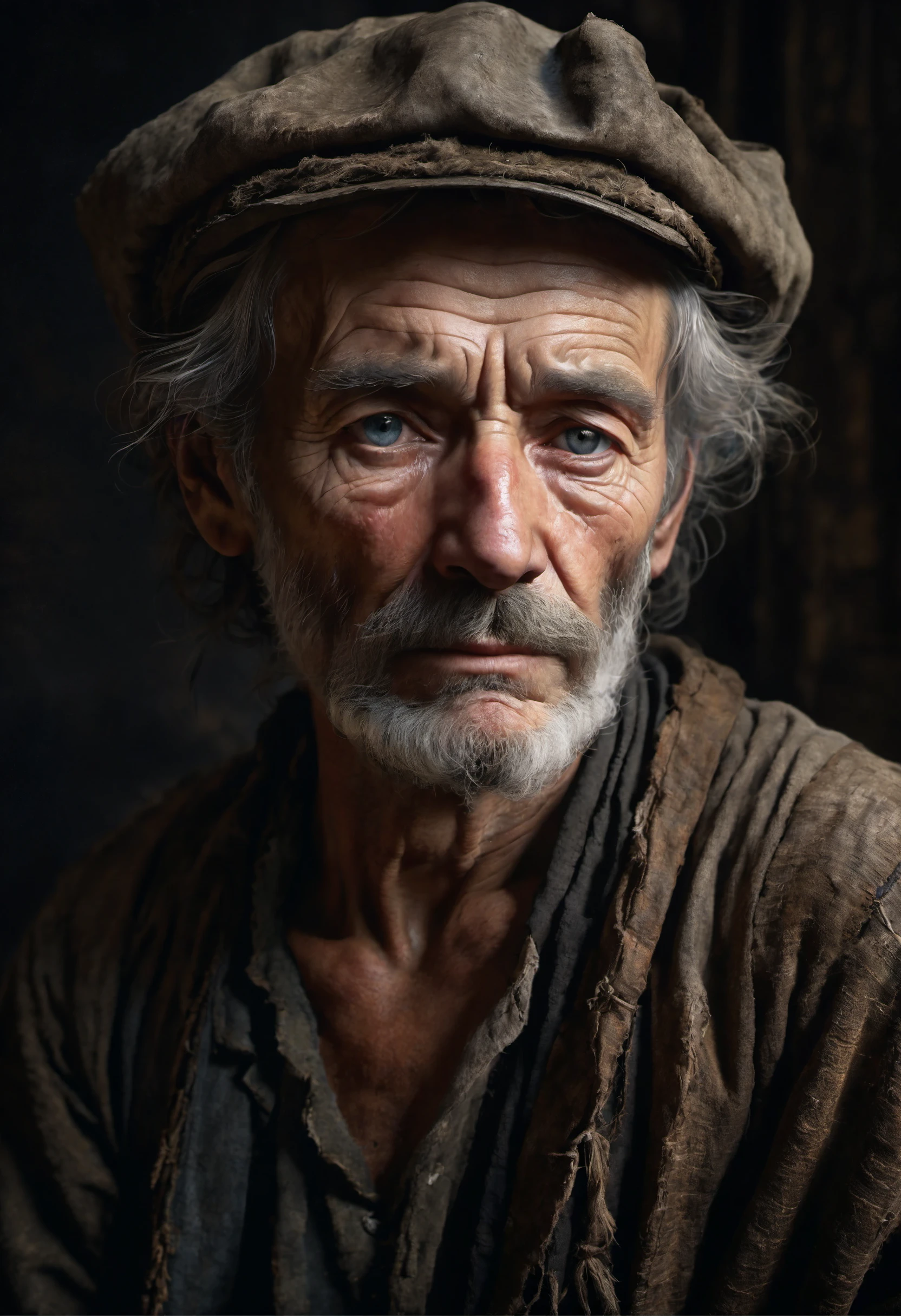glamour portrait shot (from above:0.5) of poor russian 1800 old worker in rags with overwhelming fatigue and wrinkles of age with rough skin pores, photorealistic, moody colors, gritty, messy style of Alexey Savrasov, Ivan Shishkin, Ilya Repin, dark theme, highly detailed, skin pores, pores, skin blemishes, rough skin, raytracing, subsurface scattering, velus hair, face focus, sharp focus, detailed eyes