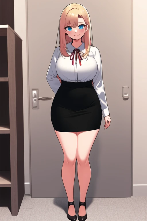 ((masterpiece, best quality)),1girl,standing,large , bangs, kira, blonde_hair, blue_eyes, breastshair, looking_at_viewer, smile, solo, white_shirt, red_ribbon, (black pencil skirt), <lora:kiramix:0.7>