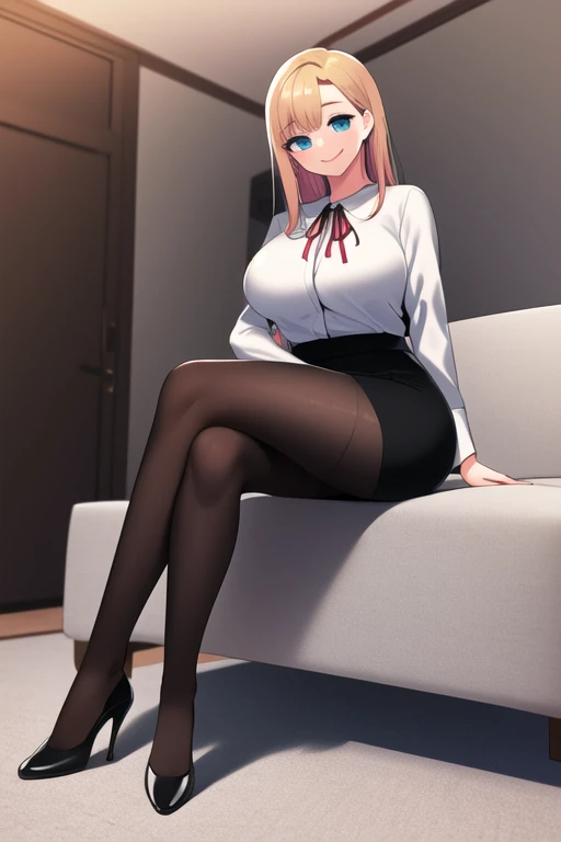 ((masterpiece, best quality)),1girl,indoor,sitting,crossed legs,knee high,large breasts, bangs, kira, blonde_hair, blue_eyes, breasts, long_hair, looking_at_viewer, solo, smile, white_shirt, red_ribbon, cowboy_shot ,(black high heels), breast_hold,((black pencil skirt)),pantyhose<lora:kiramix:0.7>