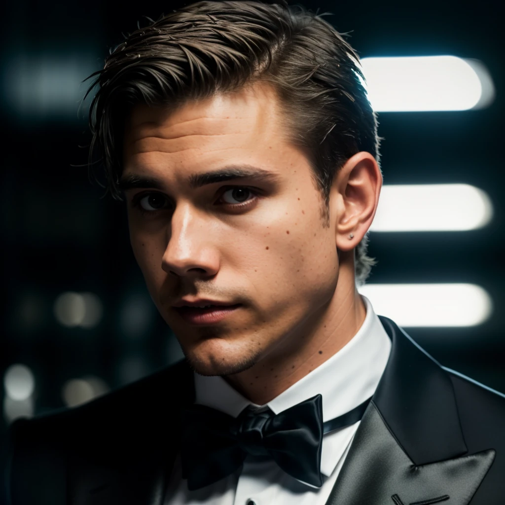 face portrait of kevinhejnas person using a tuxedo, in blade runner, professional photography, high resolution, 4k, detailed photo, <lora:kevinhejnas_18000:1>