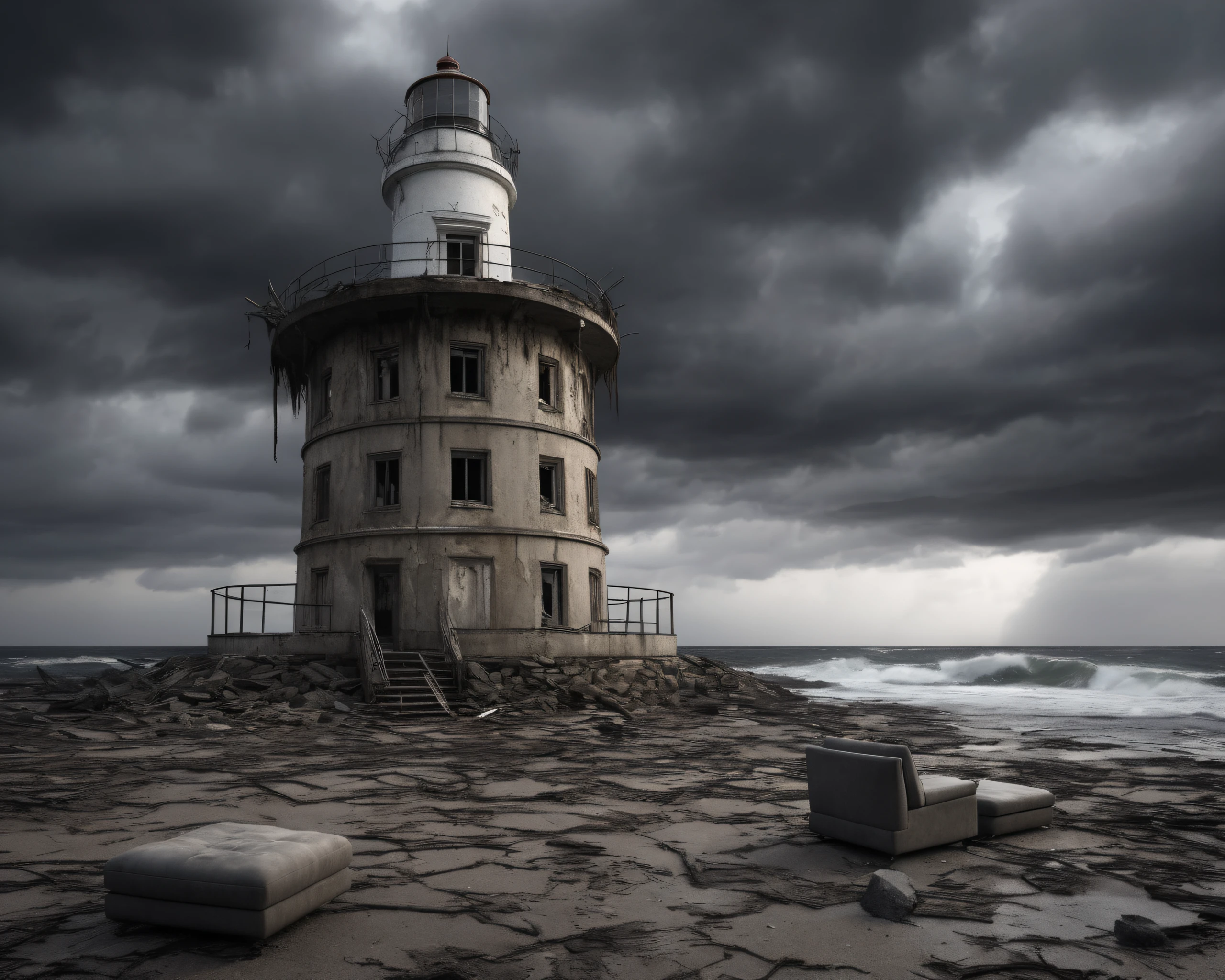best quality, realistic, vray, hdr, inside a post-apocalyptic abandoned lighthouse, shattered beacon, sheet-covered furniture, stormy sea view., by Nick Brandt, <lora:PostApocalypticXL_v1:0.8> SZ_4po enviroment