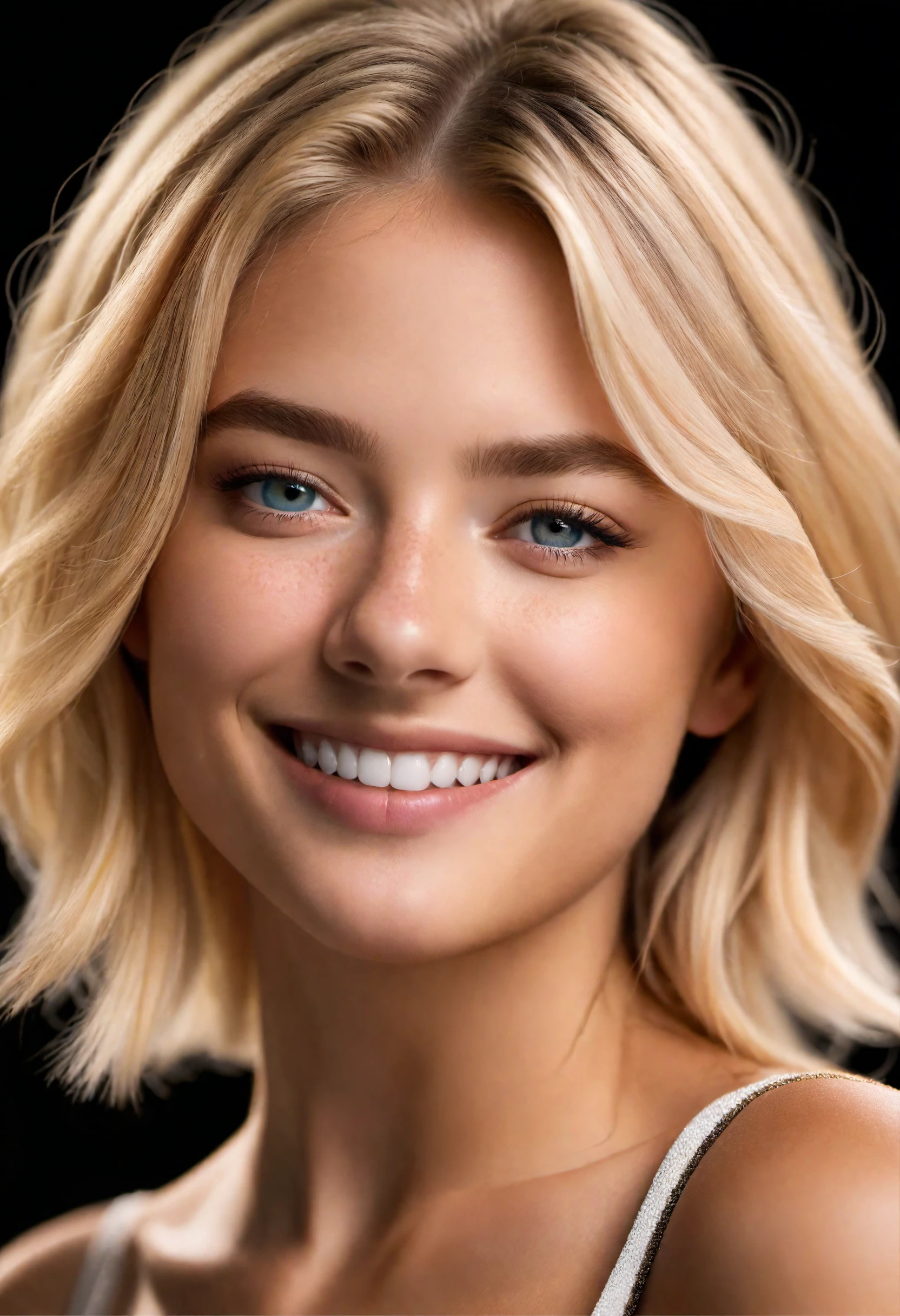 glamour portrait shot (from side:0.5) of beautiful age 18 girl grinning with skin pores, photo of beautiful age 18 girl, blonde hair, freckles, sexy, beautiful, dslr, 8k, 4k, ultrarealistic, realistic, natural skin, textured skin pores, pores, skin blemishes, rough skin, raytracing, subsurface scattering, velus hair, face focus, sharp focus, detailed eyes