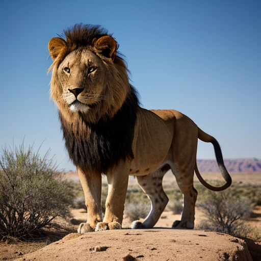 Excellent quality and high resolution photo which depicts an old lion in its natural habitat. The lion stands on four legs at a distance of 25 meters. Its torso is directed parallel to the lens. This is not a portrait, the lion is fully visible! ! ! The lion looks straight into the camera lens. His appearance is menacing, majestic, but not aggressive. He looks wary but indifferent without fear. He shows that he has everything under control and he owns the situation. Back background in brown tones. Most likely the area is arid, something like a desert. However, the vegetation is still present. The quality of the photo is professional, taken by a professional photographer on the latest model of the camera in high resolution.