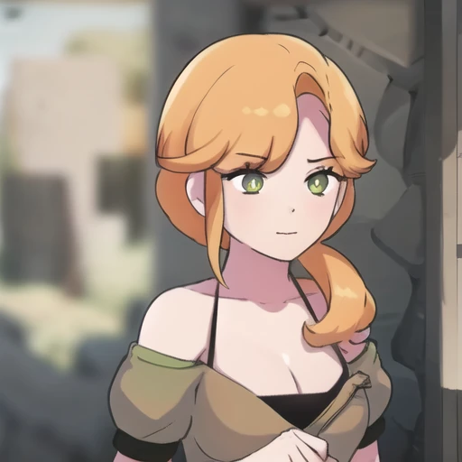 (masterpiece, best quality:1.2),illustration,8k,hd,1girl,solo,full body,long_hair,breasts,bangs,shirt,skirt,short_sleeves,cleavage,bare_shoulders,green_eyes,collarbone,off_shoulder,orange_hair,green_shirt,off-shoulder_shirt,brown_skirt,white_pupils,low_ponytail,hair_over shoulder,white thighhighs,brown footwear, <lora:Alex-Bubble-V1:1>