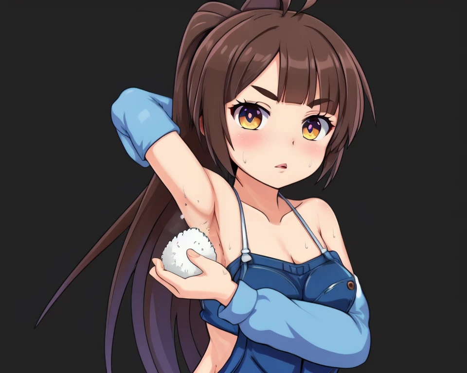 1boy, food on body, upper body, waki onigiri,onigiri_pose, onigiri_down, arm_down <lora:Onigiri_made_by_armpit:0.7>,1girl, ahoge, apron, arm up, armpits, bandana, bangs, bare arms, bare shoulders, barefoot, bikini, bikini top only, black hair, blue hair, blush, breast hold, bright pupils, brown hair, collarbone, food, hat, holding, holding food, jewelry, long hair, magical girl, medium hair, naked overalls, no bra, no headwear, oekaki, outline, parted lips, plant, ponytail, presenting armpit, red bow, rice, seiza, shirt, simple background, sleeves rolled up, soap, solo, sponge, sweat, sweatdrop, triangle mouth, upper body, v-shaped eyebrows, very long hair, virtual youtuber, waki onigiri, white background, yellow necktie