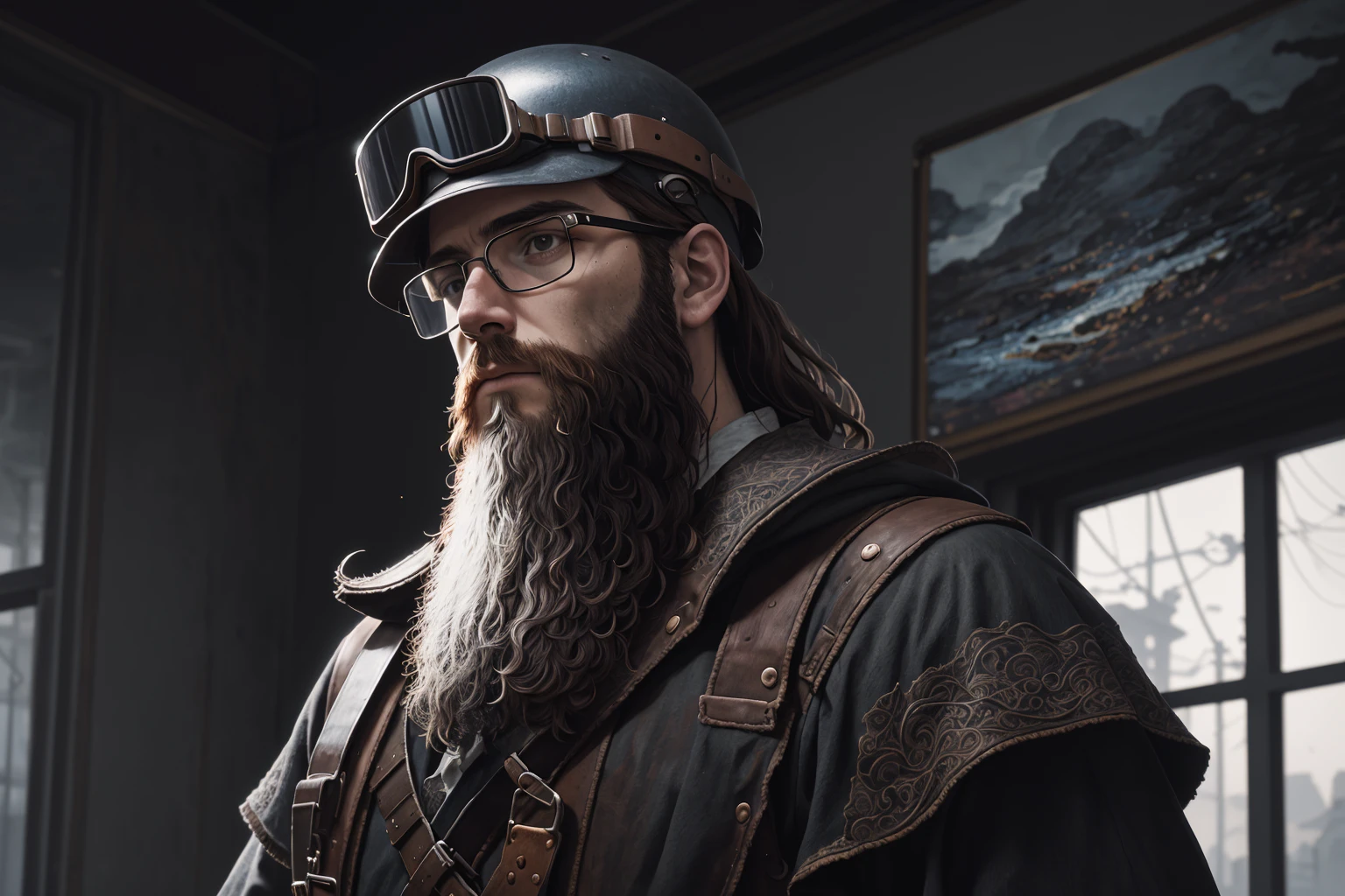 (album art:1.1, masterpiece, (long beard), intricate details), art by Midjourney and Greg Rutkowski, (best quality), goggles, window lights, a determined expression, high quality, (serious:1.2), film grain, (Depth of field, by Michelangelo, dark), Intricate, fully clothed, (BiophyllTech theme:1.1, best_quality:1.2), fresh air, gray band on wrist, hard hat, overcast sky, embers, (art by David Sims:1.3, masterpiece:1.2), higres, (floating rock)
