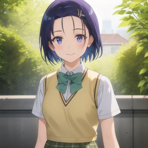 (masterpiece, best quality:1.2),illustration,8k,hd,1girl,solo,cowboy shot,(upper body:1.2),smile,short_hair,blue_eyes,hair_ornament,school_uniform,blue_hair,purple_eyes,hairclip,bowtie,green_bow,green_bowtie,skirt,short_sleeves,pleated_skirt,kneehighs,plaid_skirt,green_skirt,<lora:Haruna Sairenji-V1:0.6>