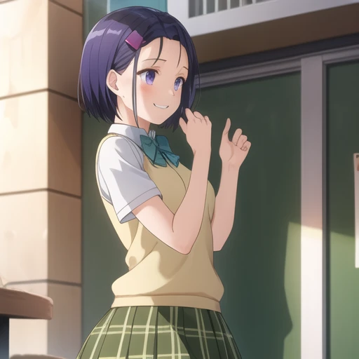 (masterpiece, best quality:1.2),1girl,solo,cowboy shot,upper body,smile,short_hair,blue_eyes,hair_ornament,school_uniform,blue_hair,purple_eyes,hairclip,bowtie,green_bow,green_bowtie,skirt,short_sleeves,pleated_skirt,kneehighs,plaid_skirt,green_skirt, <lora:Haruna Sairenji-V1:0.6>