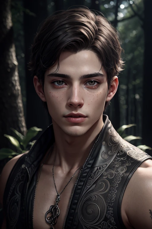 ((body portrait)), grey eyes, monster, observation, LulaCipher, ((intricate)), realistic digital art, photorealistic, a 22-year-old-boy, trees, pipes, Eve in the garden of Eden, soft volumetric lighting, 1girl's side face blends into it, full body 8k unity render, A bl8ckIC forest, adobe lightroom, posing